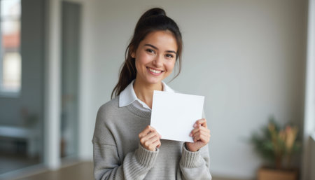 Smiling young woman holding a blank sheet of paperの素材