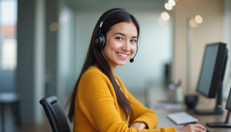 Cheerful woman in headset at a modern officeの素材
