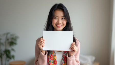 Smiling woman holding a blank signの素材