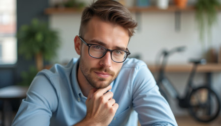 Thoughtful young man in glasses pondering at a modern workspaceの素材