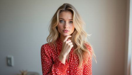Thoughtful woman in a polka dot blouseの素材