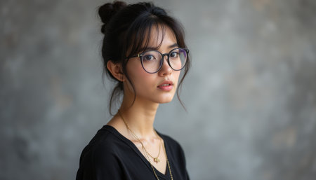 Thoughtful young woman with glasses gazing into the distanceの素材