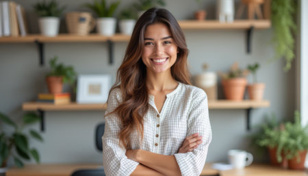 Confident woman smiling in a cozy workspaceの素材