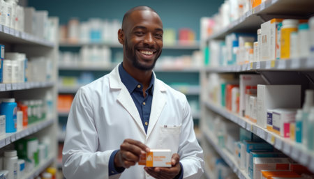 Smiling pharmacist holding medication box in a bright pharmacyの素材