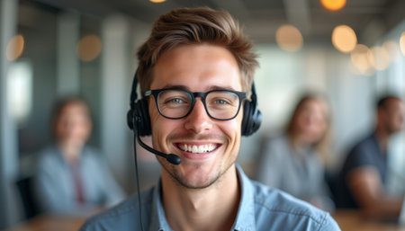 Cheerful call center agent with headsetの素材