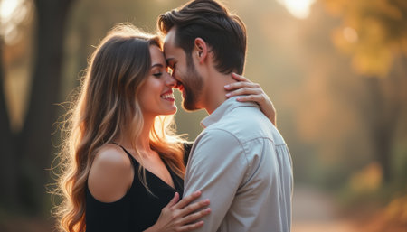 Romantic couple sharing a tender moment in a sunlit forestの素材