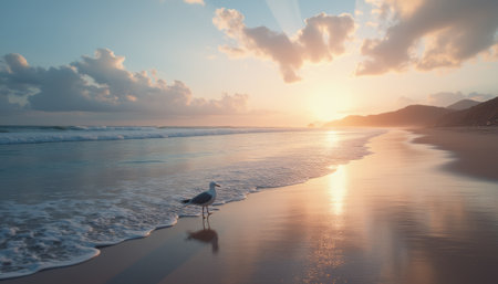 Seagull walking along a serene beach at sunsetの素材