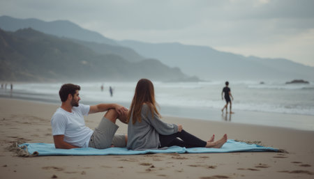 Couple enjoying a serene beach momentの素材