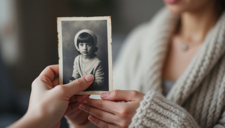Hands holding a vintage photograph of a young girlの素材