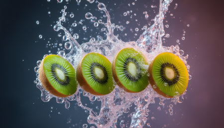 Sliced kiwis splashing in waterの素材
