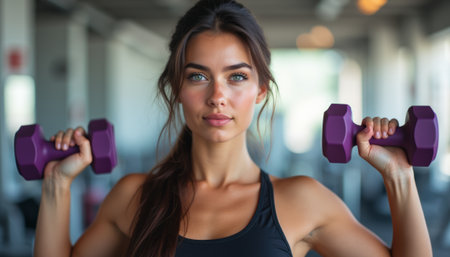 Confident woman lifting purple dumbbells in a bright gymの素材