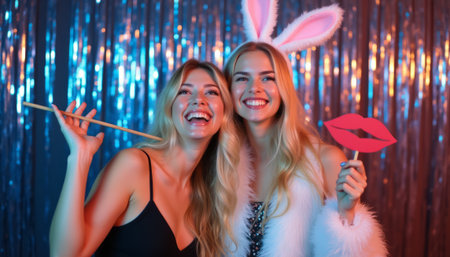 Two joyful women celebrating with playful propsの素材