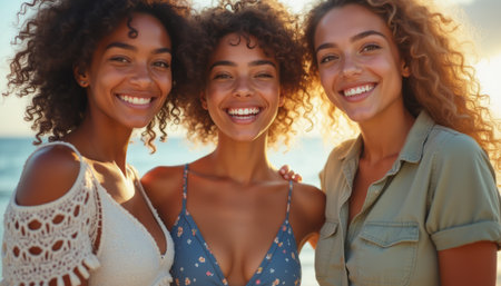 Three joyful women smiling together at sunsetの素材