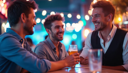 Three friends enjoying drinks and laughter at a lively barの素材