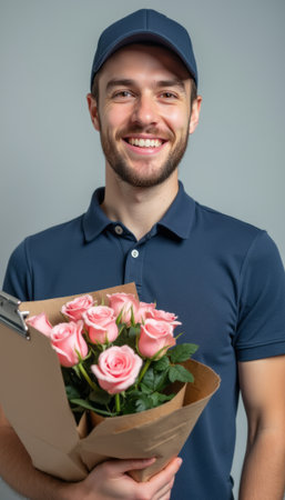 Smiling man holding a bouquet of pink rosesの素材