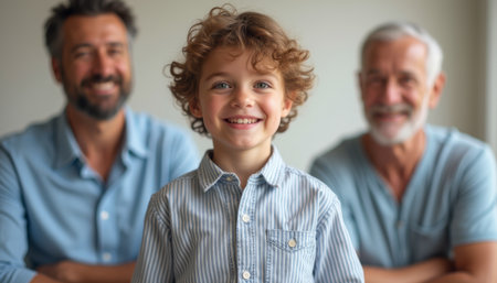 Joyful boy smiling with two men in the backgroundの素材