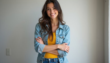 Smiling woman in denim jacket exudes confidenceの素材