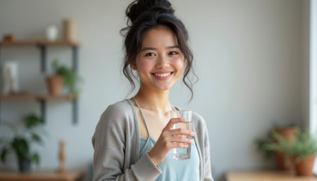 Cheerful woman holding a glass of waterの素材
