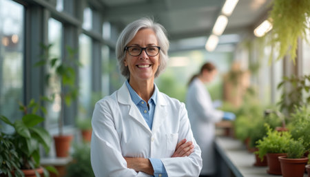 Smiling female scientist in a greenhouseの素材