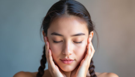 Serene woman with braided hair gently touching her faceの素材