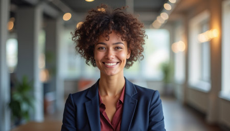 Confident woman smiling in a modern office settingの素材