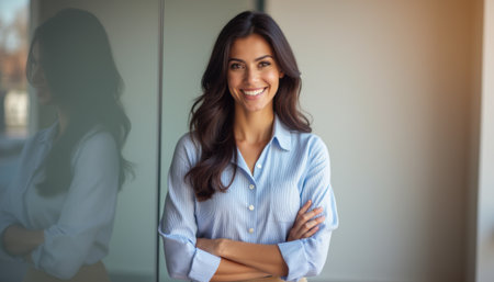 Confident woman smiling in a modern office settingの素材