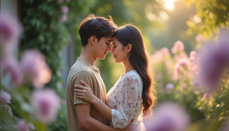 Romantic couple sharing a tender moment in a blooming gardenの素材