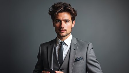 Confident man in a stylish suit holding a smartphoneの素材