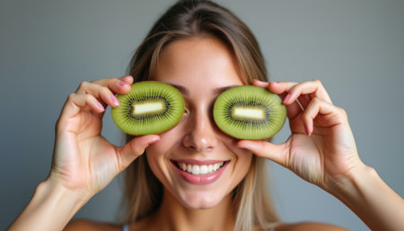 Woman playfully holding kiwi slices over her eyesの素材