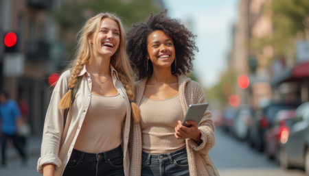Two joyful friends laughing together on a city streetの素材