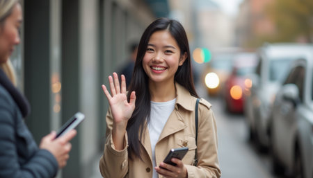 Cheerful young woman waving hello on a bustling city streetの素材
