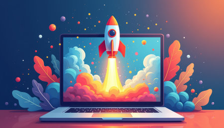 Rocket launching from a laptop screenの素材