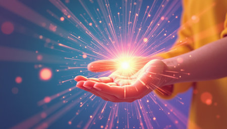 Hands cradling a glowing orb of lightの素材