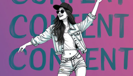 Stylish woman dancing joyfully against a vibrant backgroundの素材