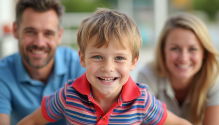 Joyful family portrait with a smiling boy in the foregroundの素材