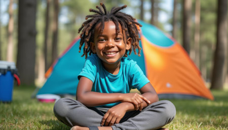 Joyful boy with dreadlocks enjoying a sunny day at campの素材