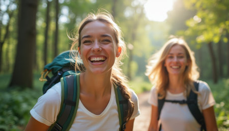Joyful women hiking through a sunlit forestの素材
