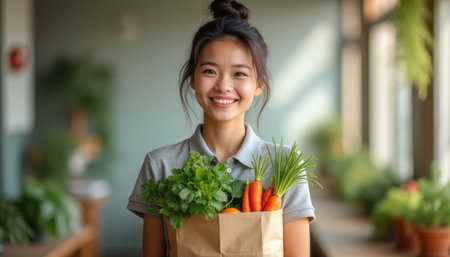 Smiling woman holding a bag of fresh vegetablesの素材