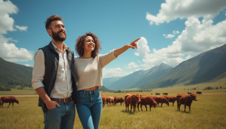 Couple enjoying a sunny day on a farmの素材