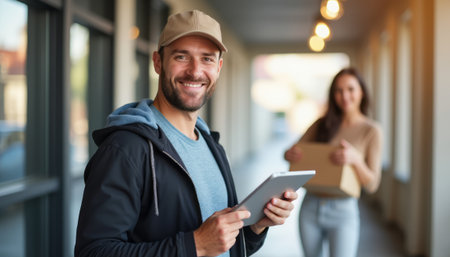 Smiling man holding a tablet with a woman in the backgroundの素材