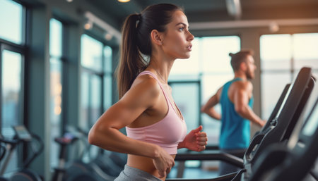 Focused woman running on a treadmill in a modern gymの素材