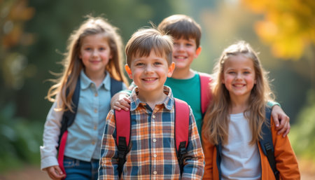Cheerful group of children exploring nature togetherの素材