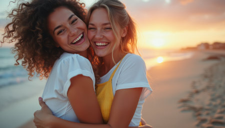 Two joyful women embracing on a beach at sunsetの素材