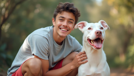 Joyful teenager with a happy dog in a serene outdoor settingの素材