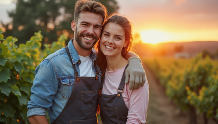 Happy couple smiling in a vineyard at sunsetの素材