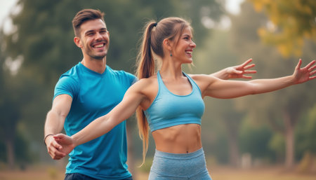 Joyful couple enjoying outdoor fitness togetherの素材