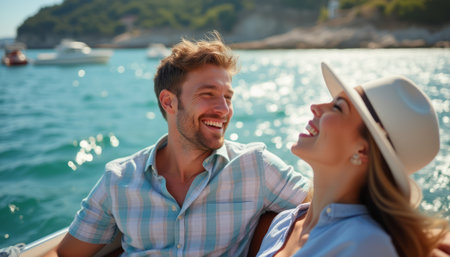 Joyful couple enjoying a sunny boat ride on sparkling watersの素材