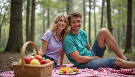 Happy couple enjoying a picnic in a serene forestの素材