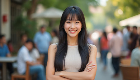 Confident young woman smiling in a lively outdoor cafeの素材