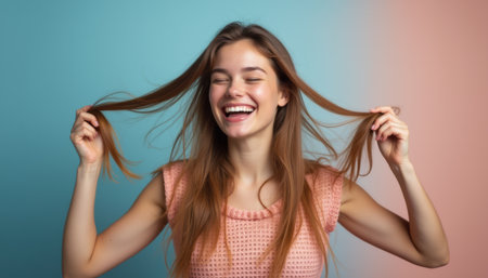 Joyful young woman playfully holding her hairの素材